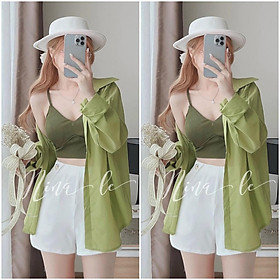Sét 3 món áo sơmi xanh kèm Bra và quần sooc ngắn xịn xò