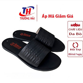 Dép nam quai ngang 1 bản da bò thật màu đen Trường Hải mặt đúc chịu nước QN150