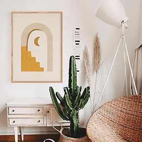 Tranh Canvas Cao Cấp | Tranh in nghệ thuật, kiến trúc trừu tượng màu vàng trung tính, mặt trăng boho, minh họa đêm hè