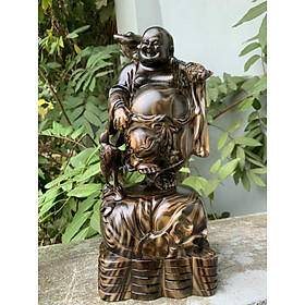 Tượng phật di lặc dắt cò bằng gỗ mun hoa đẹp long lanh kt cao 30×13×13cm 