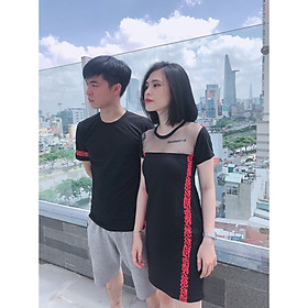 Set đồ đôi áo váy cặp CoupleTina 100% cotton cao cấp - Màu đen họa tiết sọc đỏ cá tính