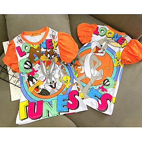 Đầm váy suông tay phồng mùa hè cho bé gái hình Hello kitty Doremon Pony Mickey size 12-30kg chất cotton mềm mát