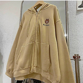 Áo Khoác nỉ Chống nắng Cho Nữ Form Rộng có dây kéo Unisex in Hình Gấu BROWN Ulzzang, ÁO KHOÁC NỈ CÓ MŨ - ÁO KHOÁC HOODIE KHOÁ KÉO NAM NỮ ULZZANG COUPLE