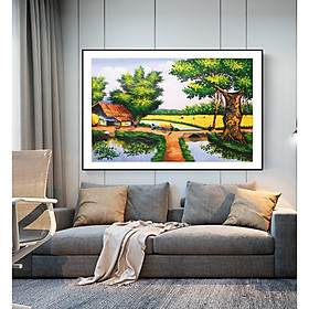 Tranh Sơn dầu Phong cảnh Làng quê Việt Nam nghệ thuật. , Khung hợp nhôm chống ẩm, bền, đẹp, nhiều kích thước. Phù hợp nhiều không gian sang trọng