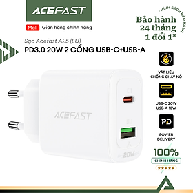 Sạc Acefast PD3.0 20W 2 cổng USB-C+USB-A (EU) - A25 Hàng chính hãng Acefast