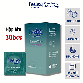 Hình ảnh Bao cao su gia đình Feelex Superthin mỏng nhiều gel hương dâu - Hộp 30bcs