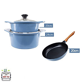 Combo 3 món cao cấp, bộ 2 nồi đúc chống dính vân đá ceramic 2 tay cầm đế từ (20- 24 cm) và chảo đúc cạn 20 cm dùng được tất cả các bếp, kể cả bếp từ - Hàng chính hãng