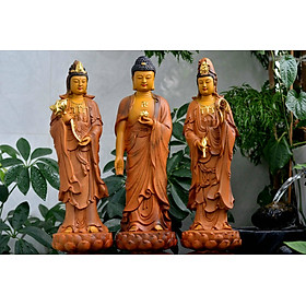 Bộ tượng phật tam thánh bằng gỗ hương đá tô làm mầu giả cổ kt 50×15×14cm