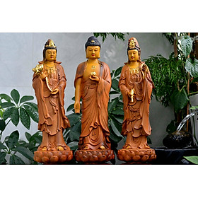Mua Bộ tượng phật tam thánh bằng gỗ hương đá tô làm mầu giả cổ kt 50×15×14cm