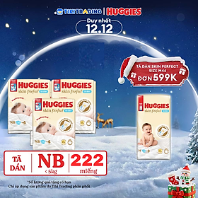 Combo 3 gói Tã/bỉm dán sơ sinh Huggies Skin Perfect NB 70+4 miếng với 2 vùng thấm giảm kích ứng da