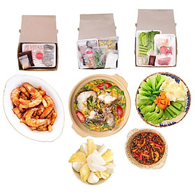 Combo Bữa Cơm Dân Dã Miền Tây 4 Người Ăn (Canh chua bông điên điển cá lóc - Kho quẹt chấm rau củ - Ba rọi, tôm thẻ rim mặn cơm dừa - Set trái cây)