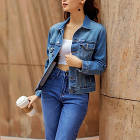 Áo Khoác Jean Nữ Trơn Màu Xanh Đậm Nhạt Aaa Jeans