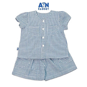 Bộ quần áo ngắn bé gái họa tiết Kẻ sọc xanh linen cotton - AICDBGKTI3OG