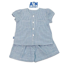 Bộ quần áo ngắn bé gái họa tiết Kẻ sọc xanh linen cotton - AICDBGKTI3OG - AIN Closet