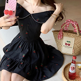 DIYIWEI Q Nữ Cherry Maiden/Crowdstone Pháp Vintage thêu tông màu đầm 2023 mùa hè