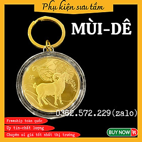 Móc Khóa Đồng Xu 12 Con Giáp Khắc Hình Con Giáp MÙI -DÊ  Phong Thủy May Mắn độc đáo, Chất Liệu Niken Mạ Vàng Sáng Bóng