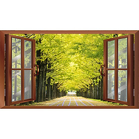 TRANH CỬA SỔ PVP-CS05 Tranh dán tường 3d cửa sổ mở ra lối đi, hàng cây xanh ,Tranh dán tường có sẵn keo,tạo cảm giác gần gũi thiên nhiên