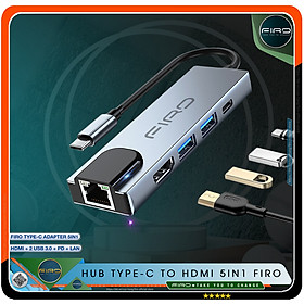 Hub Type C FIRO 5in1 - Hub Chuyển Đổi Type C To HDMI Chuẩn HDTV - 1 Cổng Mạng Lan, 1 Cổng HDMI/HDTV 4K, 2 Cổng USB 3.0, 1 Cổng Sạc Nhanh Type C PD - Kết Nối Nhiều Thiết Bị Với Tốc Độ Cao - Dùng Cho Tivi/Laptop/Playstation/PC/Smartphone – Hàng Chính Hãng