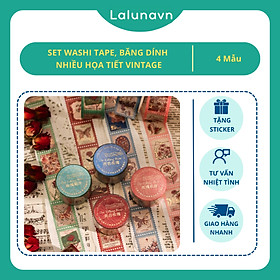 Set Cuộn Băng Dính, Washi Tape Vintage Nhiều Họa Tiết Trang Trí Sổ Tay Nhật Kí B185