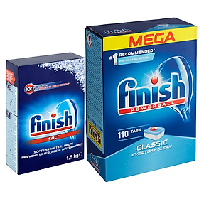 Combo viên rửa bát Finish 110 viên + Muối rửa bát 1.5kg