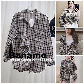 Áo sơ mi nữ form rộng tay dài kẻ caro Banamo Fashion Áo sơ mi kẻ 2 túi ngực unisex 3918
