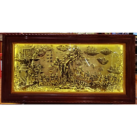 Tranh đồng vàng liền tấm  khung gỗ tự nhiên gắn đèn led- Vinh Quy Bái Tổ 