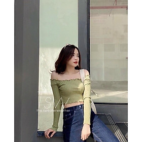 Áo len mongtoghi croptop dài tay trễ vai