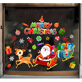 Decal trang trí Noel hít tĩnh điện - Tuần lộc kéo xe ông già Noel và xe quà