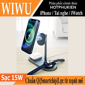 Giá đỡ kiêm đế sạc không dây Qi sạc nhanh 15W 3 in 1 hỗ trợ sạc dành cho Tai nghe / Appe Watch / iPhone hiệu WIWU Power Air Wireless Charger X23 liên kết từ tính mạnh mẽ, Smartchip - hàng nhập khẩu