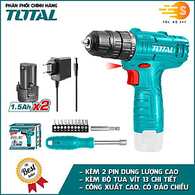 Bộ máy khoan, vặn vít dùng pin 12V có kèm bộ tua vít 13 chi tiết TOTAL TOSLI22111 - Kèm 2 viên pin 1.5Ah, có đèn led tích hợp, pin bền, công suất lớn