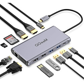 Bộ Hub USB C QGeeM 12 trong 1 sang HDMI 4k/VGA 1080P/USB/Type C sạc nhanh PD/Ethernet 1G/TF&SD/đầu đọc thẻ Type C dành cho MacBook, USB C Dock - Hàng chính hãng