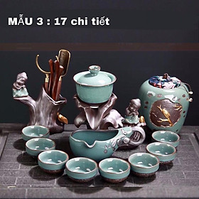 Mua Bộ ấm chén pha trà đẹp cối xay kungfu Tử sa gốm sứ cao cấp Bộ chén uống trà đạo 18 chi tiết chú tiểu màu xanh-M04
