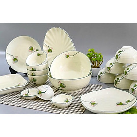 Bộ bát đĩa men kem, họa tiết bát sen vẽ thủ công. Gốm Bát Tràng