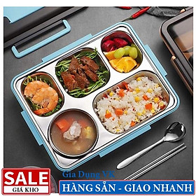 Hộp Khay Cơm Chia Phần 5 Ngăn INOX Giữ Nhiệt Có Kèm Muỗng Đũa