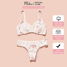 Bộ đồ lót nữ có gọng không đệm cotton 2 lớp dày dặn thoáng khí kháng khuẩn màu be họa tiết hoa cup ngang Mebra