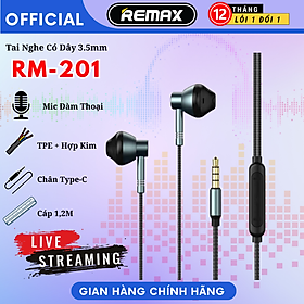 Tai nghe có dây chống ồn Remax RM-201 giắc cắm 3.5mm tích hợp micro chất lượng cao dành cho điện thoại - REMAX Hàng Chính Hãng