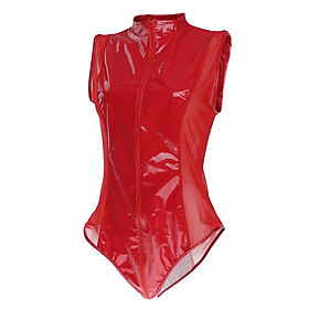 Women's Shiny Metallic PU Leather Zipper Thong Leotard Bodysuit Red