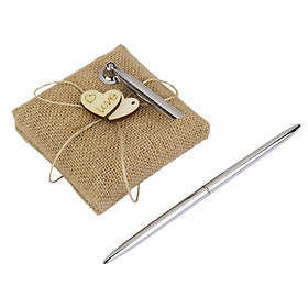 Rustic Wedding Hessian Guest Signing Pen &amp; Holder w/ Wood Hearts Decoration