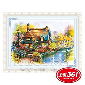 Tranh thêu chữ thập 5d Phong cảnh ngôi nhà  chưa thêu