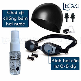 Combo kính bơi cận 0-8 độ, mũ bơi, chai xịt chống bám hơi nước, nút bịt tai, kẹp mũi đi bơi, đi biển Legaxi