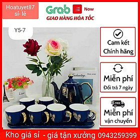 Bộ ấm chén sứ xanh mạ vàng cao cấp họa tiết lông công sang trọng