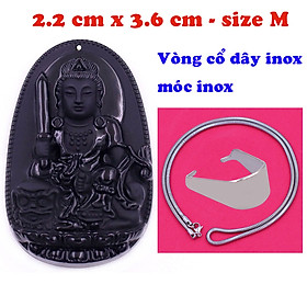 Mặt Phật Văn thù thạch anh đen 3.6 cm kèm dây chuyền inox rắn - mặt dây chuyền size M, Mặt Phật bản mệnh