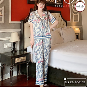 Bộ pijama nữ áo cộc quần dài họa tiết hoa màu xanh chất lụa cao cấp Xumaki Store BO013B