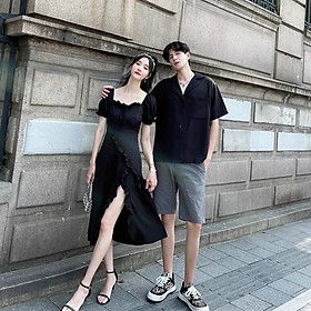 Set áo đôi sơ mi đầm xẻ tà màu đen dành cho couple phong cách Hàn Quốc