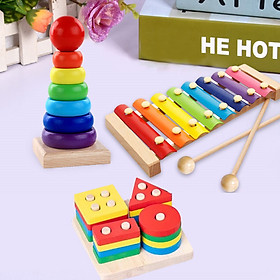 Bộ đồ chơi gỗ 3 món phát triển trí tuệ cho trẻ ( Đàn gỗ 8 thanh, tháp cầu vòng, Thả hình khối)