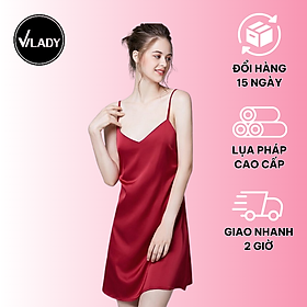 Váy ngủ nữ, váy 2 dây lụa VILADY - V128 dáng suông màu đỏ đô  chất liệu lụa Pháp cao cấp