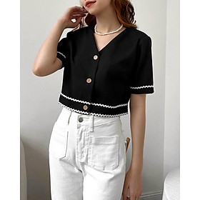 Áo croptop nữ cổ V khuy gỗ ngắn tay phối đường viền lượn gấu hàng thiết kế avnt022301 by germe