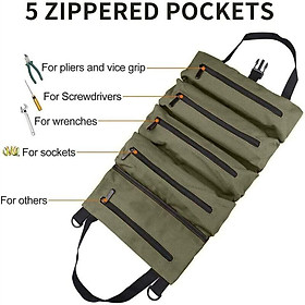 Túi công cụ được dệt bằng vải 16 A với 5 túi có khóa kéo, túi công cụ đa chức năng quấn (màu xanh lá cây)