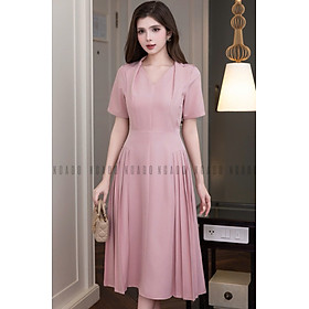 Đầm hồng xếp ly cổ vest NGADO , đầm nữ , đầm công sở , dự tiệc