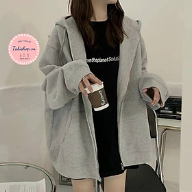 ￼Áo khoác hoodie nỉ form rộng cho nữ áo hoodie zip trơn 1 màu xám sành điệu